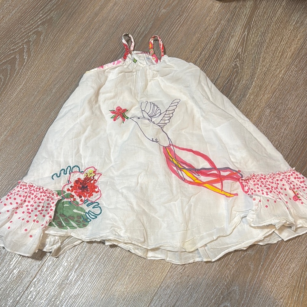 White Dress with Colorful Bird Design and embroidered flowers